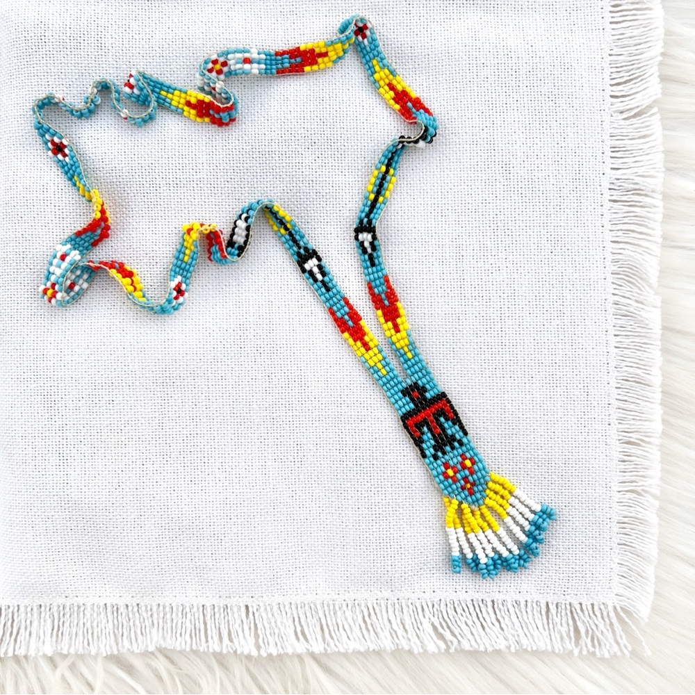 VINTAGE Native Style Thunderbird & Arrows Glass Seed Bead Boho Necklace Lariat